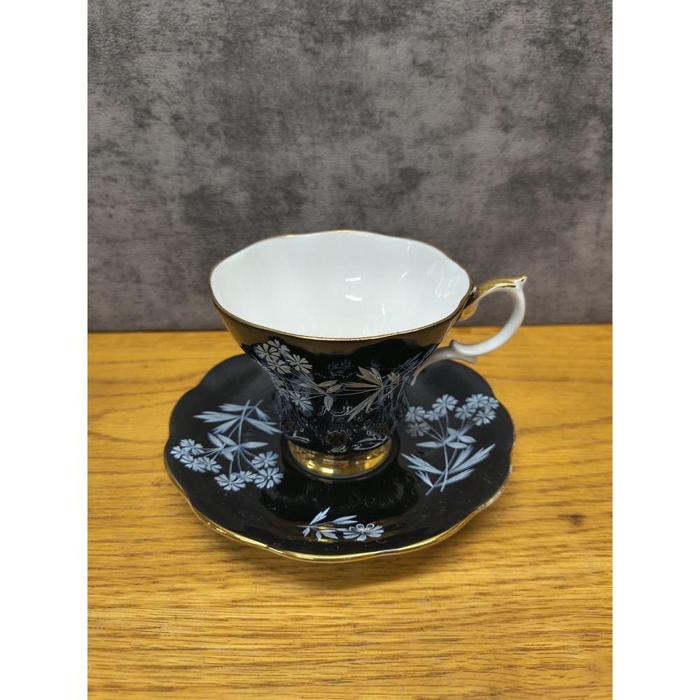 Royal Albert Black with White Floral Design Tea Cup and Saucer made in England